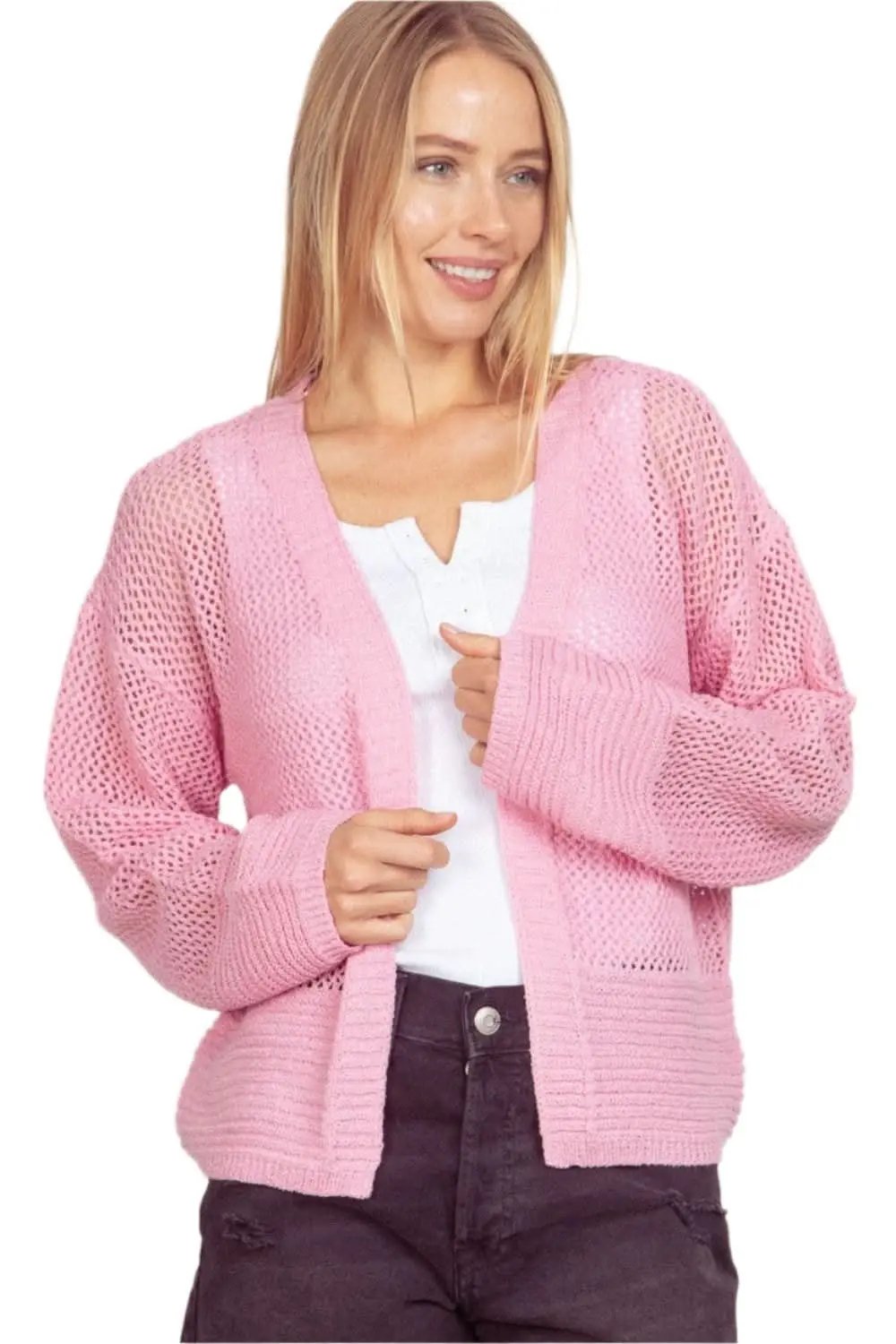 VERY J Eyelet Open Front Long Sleeve Cardigan - Love Salve